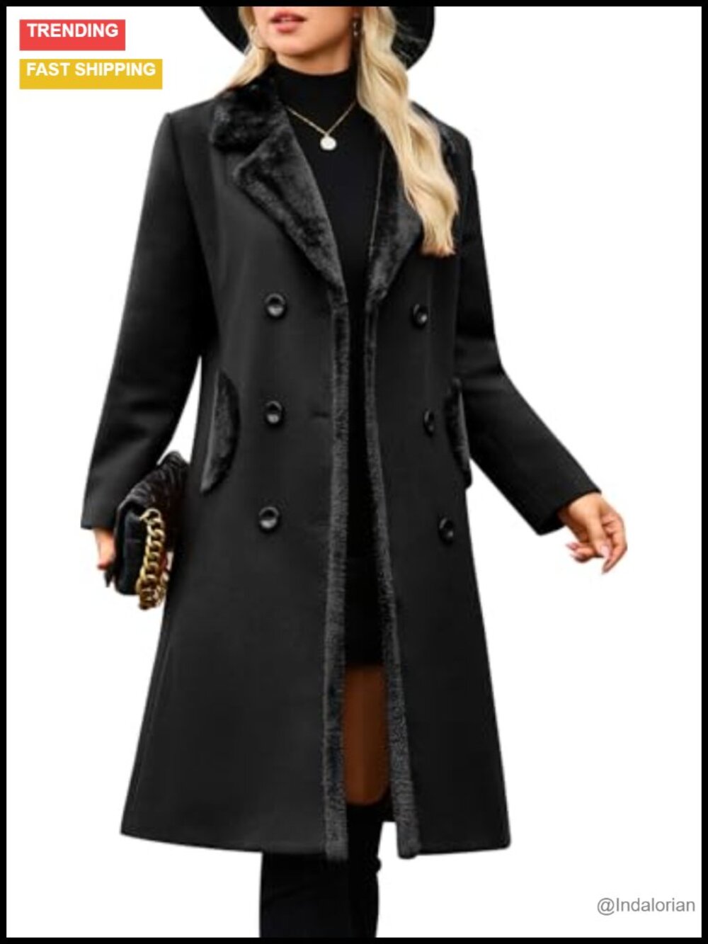 Women's Double Breasted Faux Fur Collar Winter Pea Coat